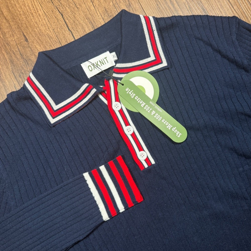OXKNIT Polo Sweater Mens Navy Blue Retro 60s‎ 70s Knit Ribbed Long Sleeve NWT